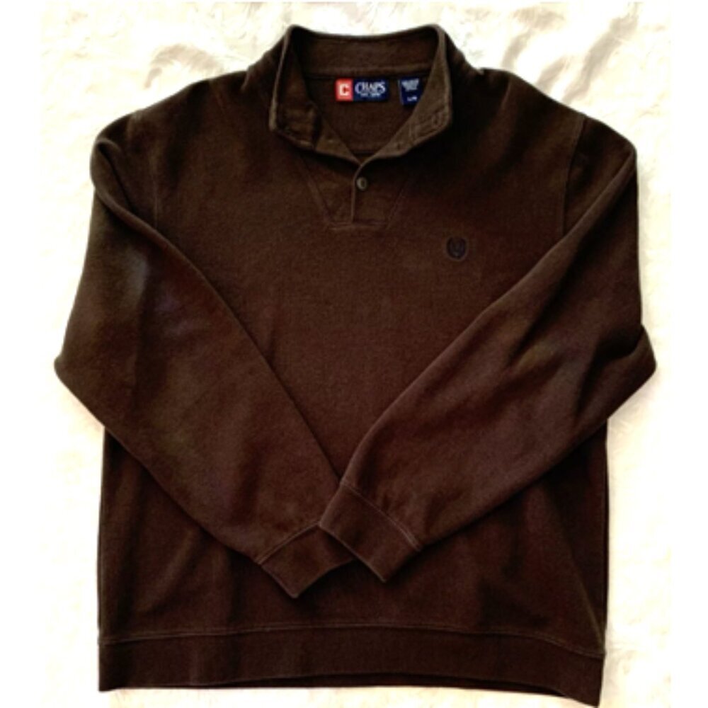 Chaps Brown L Men's Pull Over Quarter 3 Button Mock Neck‎ Cotton